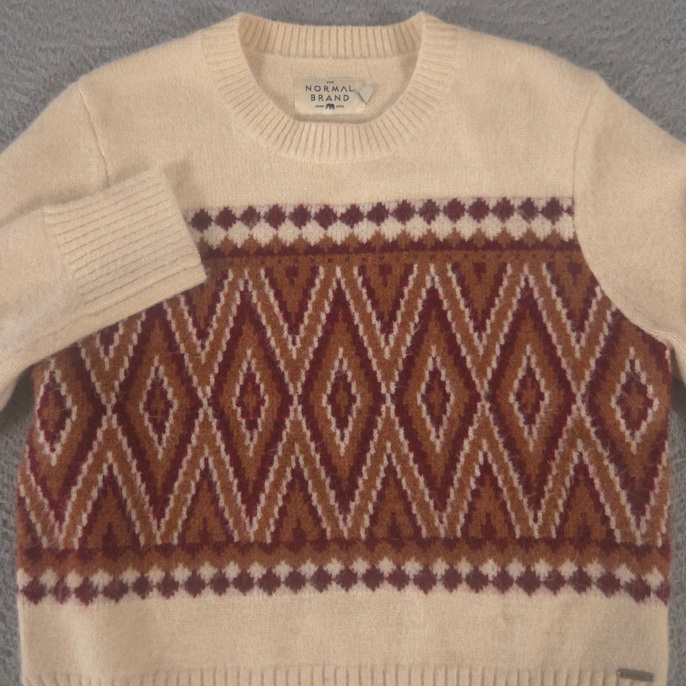 The Normal Brand Sweater Womens Small Cream Geometric Diamond Intarsia Knit Soft